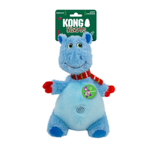 Load image into Gallery viewer, A blue plush dog toy with red accents and a red-and-white striped scarf, hanging from a green KONG Beasts branded retail card on a plain white background.
