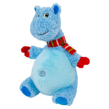 Load image into Gallery viewer, Blue plush hippo toy with a red and white striped scarf on a white background
