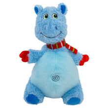 Load image into Gallery viewer, A blue plush toy dinosaur with a red and green patterned scarf, red mittens, and blue feet, shown against a plain white background.
