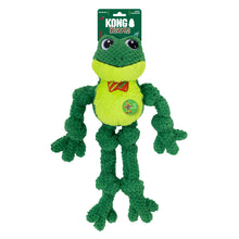 Load image into Gallery viewer, Green and yellow plush frog toy with KONG label on a white background
