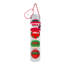 Load image into Gallery viewer, KONG Ball Dancer toy set in a clear plastic hanging tube with a red hanging string and a product tag, showing four red and green textured balls stacked vertically.
