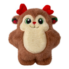 Load image into Gallery viewer, A plush toy shaped like a small brown animal with a cream belly, large green-rimmed eyes, red antler-like horns, and red-and-green patterned ears, shown on a plain white background.
