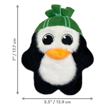 Load image into Gallery viewer, A plush penguin toy with black and white fur, a bright orange beak, and a green hat, shown on a white background with dimension arrows and text indicating 7 inches tall by 5.5 inches wide.
