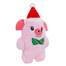 Load image into Gallery viewer, Pink plush pig toy wearing a red Santa hat and green bow tie on a white background
