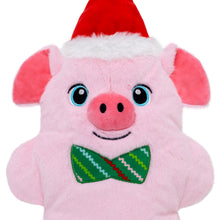 Load image into Gallery viewer, A pink plush pig toy with a red Santa hat and a green bow tie, shown against a plain white background.
