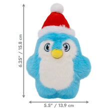 Load image into Gallery viewer, Plush penguin toy with a Santa hat and measurements on a white background
