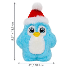 Load image into Gallery viewer, Blue plush penguin with a red and white Santa hat, shown with measurements on a white background.
