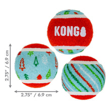 Load image into Gallery viewer, Three KONG brand felt dog balls shown on a white background with dimension arrows and text indicating 2.75 inches / 6.
