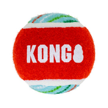 Load image into Gallery viewer, A red Kong dog toy tennis ball with white lettering and light blue and green patterned accents on a white background.
