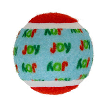 Load image into Gallery viewer, A festive Christmas-themed felt ball dog toy with a light blue body printed with 'Joy' in green and red, accented by red top and bottom bands and white horizontal stripes.
