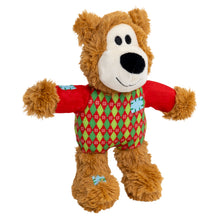 Load image into Gallery viewer, Plush teddy bear toy wearing a red sweater with a green pattern on a white background
