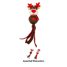 Load image into Gallery viewer, A Christmas-themed dog toy shaped like a reindeer head with red antlers, a red nose, and a brown body, shown on a white background. Below the main reindeer toy are two smaller character toys and the text 'Assorted Characters.
