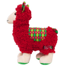 Load image into Gallery viewer, Red plush llama toy with green and red patterned belly on a white background
