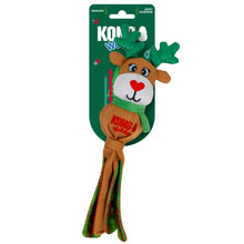 Load image into Gallery viewer, KONG reindeer toy with a rope on a green packaging background
