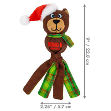 Load image into Gallery viewer, Brown dog toy with a Santa hat and plaid scarf, featuring the Kong brand, on a white background with measurements indicated.
