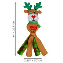 Load image into Gallery viewer, Reindeer-shaped toy with green antlers and plaid scarf, featuring dimensions on a white background.
