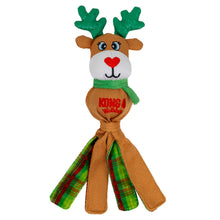 Load image into Gallery viewer, A plush Christmas reindeer dog toy with green antlers, a white snout, a red heart-shaped nose, and a green scarf. The body is brown fabric with 'KONG' embroidered in red, and the legs are made of green, red, and brown plaid fabric, all on a plain white background.
