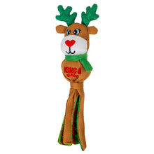 Load image into Gallery viewer, Dog toy shaped like a reindeer with green antlers and a scarf on a white background
