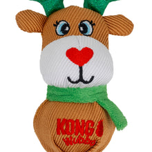 Load image into Gallery viewer, Knitted reindeer toy with a heart nose and green antlers on a white background, featuring the Kong brand.
