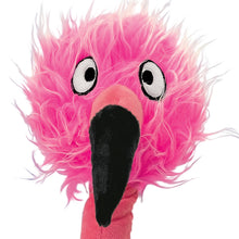 Load image into Gallery viewer, A plush flamingo head and neck puppet with bright pink fluffy feathers, large white eyes with black pupils, a pink beak, and a black beak tip, shown against a plain white background.
