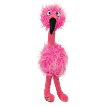Load image into Gallery viewer, A pink plush flamingo toy with fluffy textured feathers, a long pink neck, a black beak, and large cartoon eyes, shown on a plain white background.
