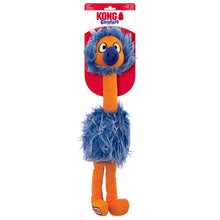 Load image into Gallery viewer, KONG Waffler plush dog toy in orange and blue, attached to its original retail cardboard hanger against a plain white background.
