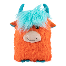 Load image into Gallery viewer, Plush toy with orange body, blue hair, and teal horns on a white background
