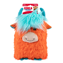 Load image into Gallery viewer, Kong Comfort fluffy orange and turquoise dog toy in its original retail packaging, featuring a shaggy orange body, bright turquoise hair, and horns.
