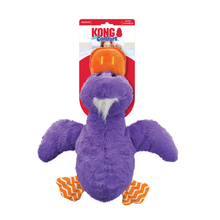 Load image into Gallery viewer, Kong Comfort plush bird dog toy in purple with orange feet and a white beak, shown with its retail packaging card on a plain white background.
