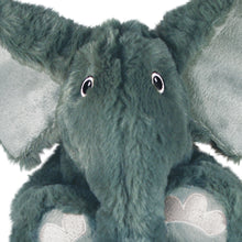 Load image into Gallery viewer, A close-up of a plush elephant toy with dark green fur, light gray inner ears and feet, and embroidered eyes, shown against a white background.
