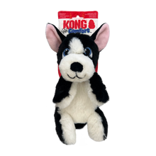 Load image into Gallery viewer, Black and white dog plush toy with pink ears on a white background, featuring KONG Comfort branding.
