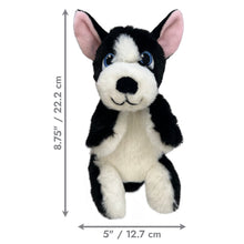 Load image into Gallery viewer, A black and white plush dog toy with pink ears and blue eyes, shown on a white background with dimension arrows and text indicating 8.75 inches tall and 5 inches wide.
