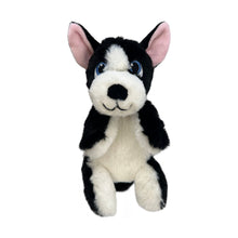 Load image into Gallery viewer, Black and white plush dog toy with pink ears on a white background
