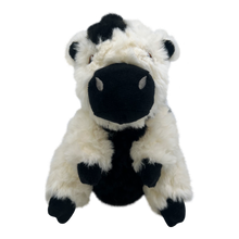 Load image into Gallery viewer, Plush toy cow with black and white pattern on a white background
