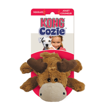 Load image into Gallery viewer, Kong Cozie squeaker dog toy in its original retail packaging, featuring a plush brown moose with a beige snout and dark brown antlers.

