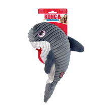 Load image into Gallery viewer, Kong CuddleSeas shark-shaped dog toy in gray and white ribbed fabric with a red mouth interior, shown hanging from its retail card packaging on a white background.
