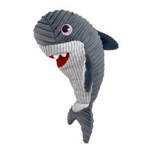 Load image into Gallery viewer, Gray shark-shaped plush toy with a red interior on a white background

