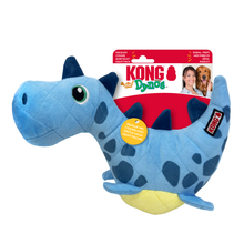 Load image into Gallery viewer, Kong the Dynos Squishy Dog Toy in light blue with dark blue spots and a yellow belly, shown with its retail packaging on a white background.

