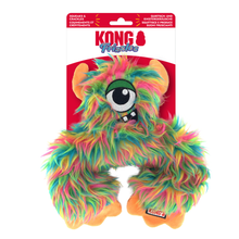 Load image into Gallery viewer, Kong Fizzle multicolor furry squeaker dog toy in its original retail packaging, featuring a fuzzy monster design with green, pink, blue, and orange colors.
