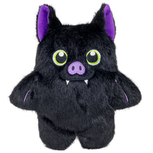 Load image into Gallery viewer, A black plush toy shaped like a cute, furry creature with purple inner ears, a purple snout, lime green embroidered eyes, and small white fangs, shown on a plain white background.
