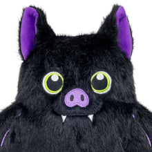 Load image into Gallery viewer, A close-up of a black plush toy shaped like a cute piglet bat, featuring purple inner ears, a purple embroidered snout, and large green-rimmed eyes on a plain white background.
