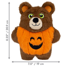 Load image into Gallery viewer, Plush bear toy with pumpkin costume and measurements on a white background
