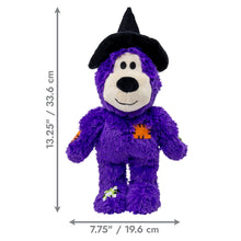 Load image into Gallery viewer, Purple plush dog dressed as a witch with a black hat, shown on a white background with height and width measurement arrows and text.
