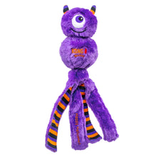 Load image into Gallery viewer, Purple plush toy with a single eye and striped legs on a white background
