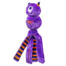 Load image into Gallery viewer, Purple plush toy with striped legs on a white background
