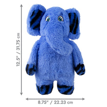 Load image into Gallery viewer, Blue plush elephant toy with measurements on a white background
