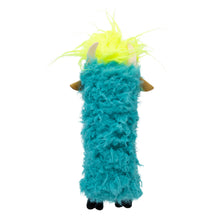 Load image into Gallery viewer, Plush toy resembling a creature with teal body and yellow hair on a white background
