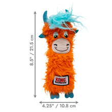 Load image into Gallery viewer, Orange plush toy with blue accents and KONG branding, shown with dimensions on a white background.
