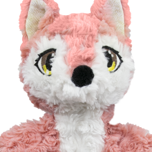 Load image into Gallery viewer, A close-up of a plush toy or fursuit head with pink and white fluffy fabric, embroidered eyes, a black nose, and yellow eye highlights on a plain white background.
