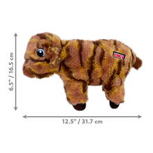 Load image into Gallery viewer, Brown plush dinosaur toy with dimensions on a white background
